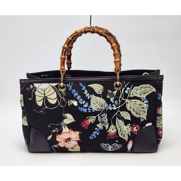 Gucci Black Flora Bamboo Shopper Handbag Kris Knight Medium Canvas Leather 2 Way